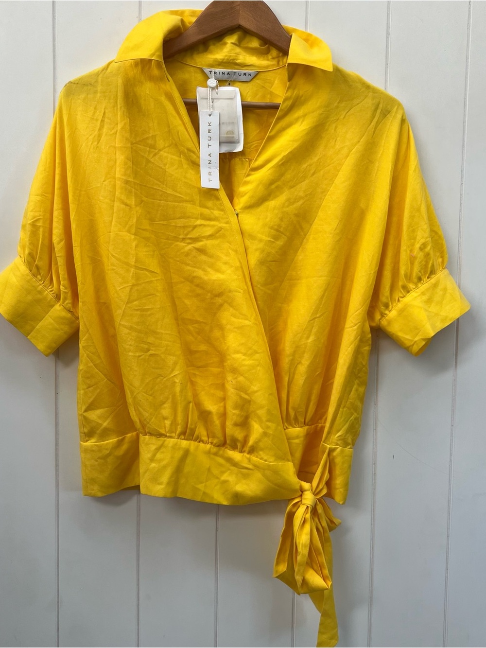 NWT Trina Turk Yellow Wrap Shirt S Cotton Silk Blouse Top